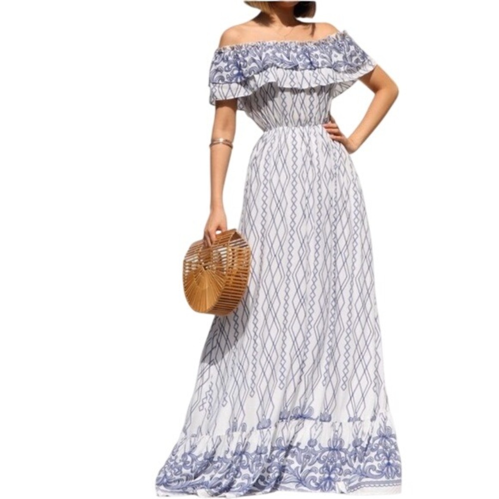 Dress Day Womens Blue White Geometric‎ Paisley Off Shoulder Ruffle Maxi Dress M